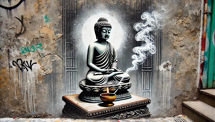 Groupe de pratiquants méditant ensemble dans un temple zen, ambiance concentrée et calme.